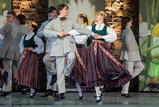 Lielupe folk dancers from Latvia wearing traditional Latvian costumes